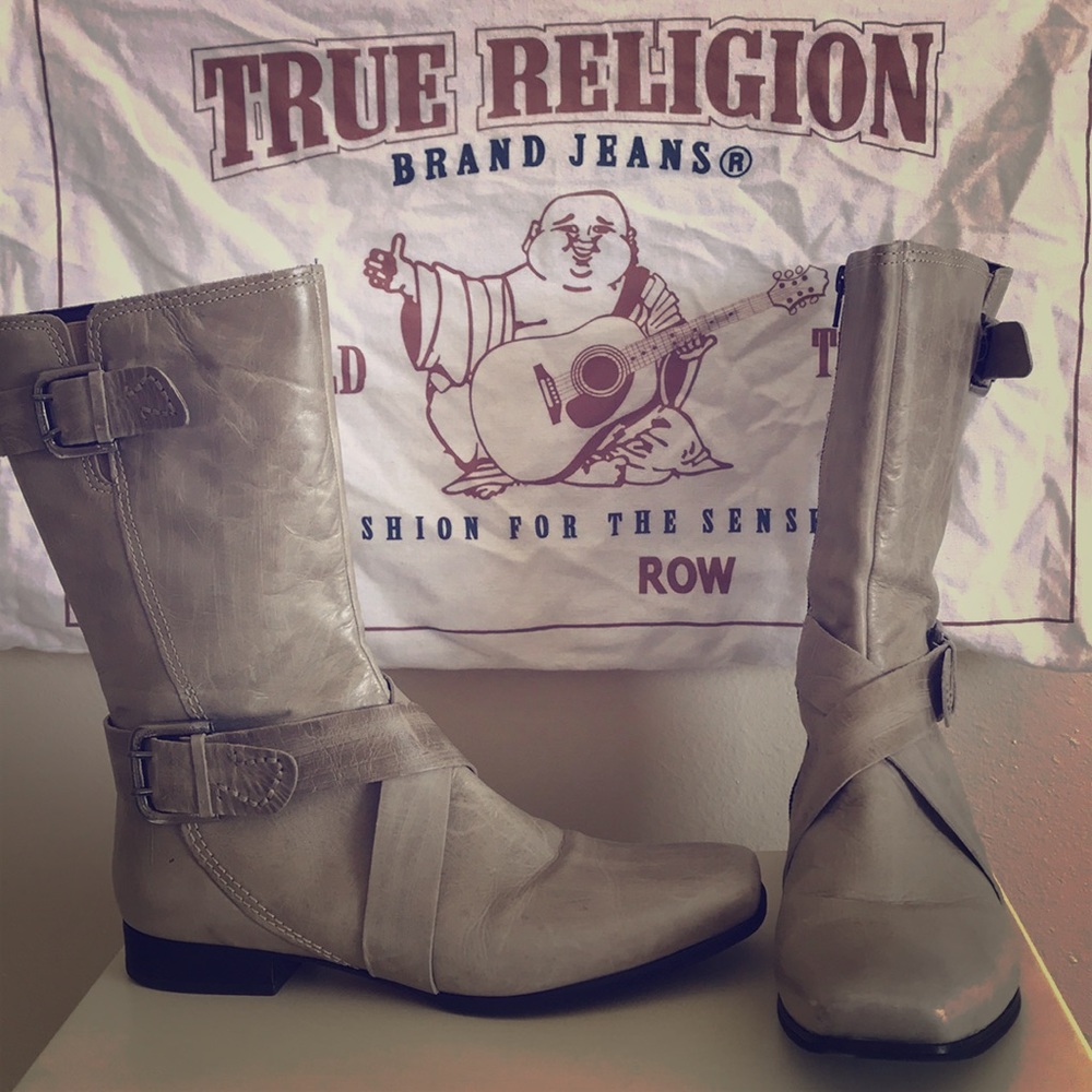 Cream mid calf leather boots
